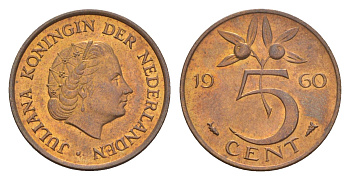 Нидерланды 5 центов 1960 Беатрикс (1980-2013) KM 181 бронза UNC 4649-911
