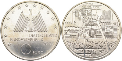 ФРГ 10 евро 2003 F, Рурский бассейн, промышленная зона KM 224, DE.S. 10.10 серебро PROOF 02-078-42