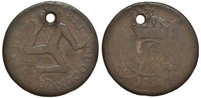 ОСТРОВ МЭН 1 ПЕННИ 1758 С ОТВЕРСТИЕМ KM 7 медь 650-113