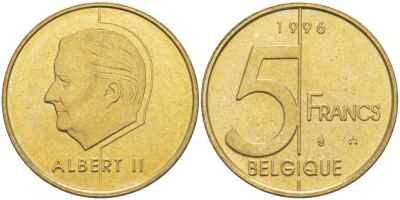БЕЛЬГИЯ 5 ФРАНКОВ 1996 BELGIQUE, АЛЬБЕРТ II (1993-) KM 189 алюминиевая бронза 4382-1054