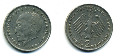ФРГ 2 МАРКИ 1971 G, КОНРАД АДЕНАУЭР KM 124, J. 406 медно-никель плакированный никелем 29-217