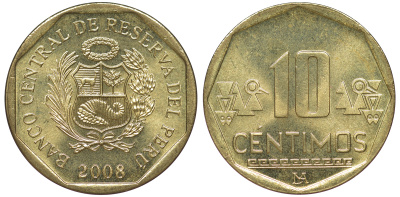 Перу 10 сентимо 2008 KM 305.4 латунь aUNC 4605-617