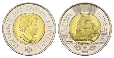 Канада 2 доллара 2012 Война 1812 года - Фрегат «Шеннон» KM 1258 биметалл UNC 4652-1221