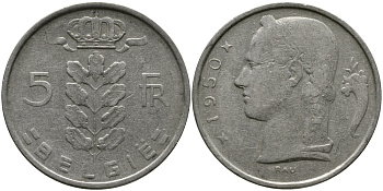 БЕЛЬГИЯ 5 ФРАНКОВ 1950 BELGIE KM 135.1 медно-никель 98-534