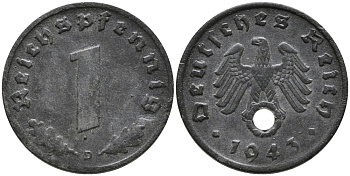 ГЕРМАНИЯ 1 РЕЙХСПФЕННИГ 1943 D KM 97, J.369 цинк 96-814