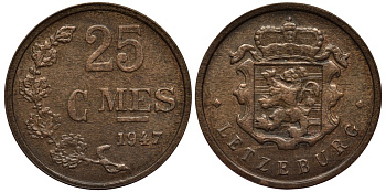 Люксембург 25 сантимов 1947 Шарлотта (1918-1964) KM 45 бронза 4538-841
