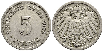 ГЕРМАНИЯ 5 ПФЕННИГОВ 1902 G KM 11, Jager 12, Weege 6 медно-никель 4547-428