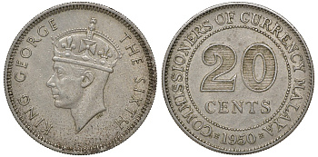 Британская Малайя 20 центов 1950 Георг VI (1937-1952) KM 9 медно-никель 4163-514