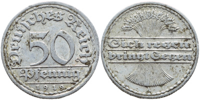 ГЕРМАНИЯ 50 ПФЕННИГОВ 1919 А KM 27, J. 301 алюминий 4397-632