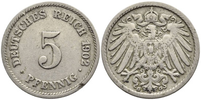 ГЕРМАНИЯ 5 ПФЕННИГОВ 1902 G KM 11, Jager 12, Weege 6 медно-никель 4547-428