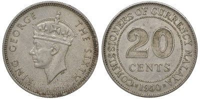 Британская Малайя 20 центов 1950 Георг VI (1937-1952) KM 9 медно-никель 4163-514