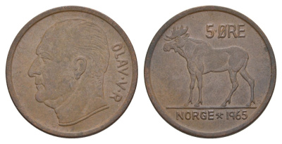 Норвегия 5 эре 1965 Улаф V (1957-1991) KM 405 бронза 4635-612