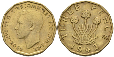 Великобритания 3 пенса 1942 Георг VI (1936-1952) KM 849, Spink 4112 никель латунь 190-631