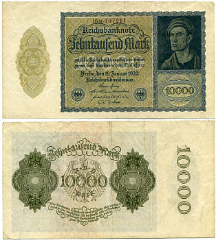ГЕРМАНИЯ 10000 МАРОК 1922 19 ЯНВАРЯ 1922, АЛЬБРЕХТ ДЮРЕР, РАЗМЕРЫ 180 Х 100 ММ. Pick 72 бумага 3295-94-3
