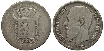 Бельгия 2 франка 1867 Леопольд II (1865-1909), Belges KM 30.1 серебро 443-1123