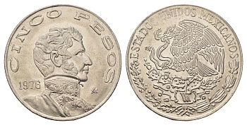 Мексика 5 песо 1976 Винсенте Герреро, LARGE DATE KM 472 медно-никель UNC 57-635