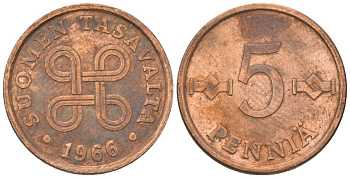 Финляндия 5 пенни 1966 KM 45 медь 4174-815