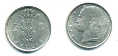 Бельгия 5 франков 1975 Belgie, Бодуэн I (1951-1993) KM 135.1 медно-никель 25-825