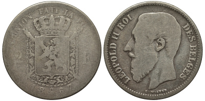 Бельгия 2 франка 1867 Леопольд II (1865-1909), Belges KM 30.1 серебро 443-1123