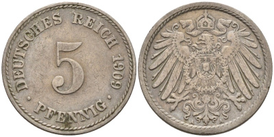 Германия 5 пфеннигов 1909 J KM 11, J. 12 медно-никель 4151-517