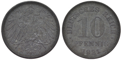 Германия 10 пфеннигов 1921 KM 26, J. 299, Weege 8 цинк 4119-1127