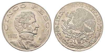 Мексика 5 песо 1976 Винсенте Герреро, LARGE DATE KM 472 медно-никель UNC 57-635