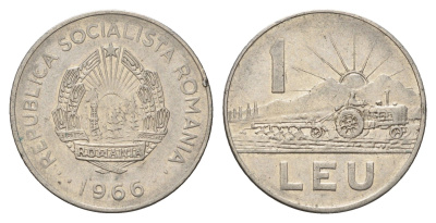 Румыния 1 лей 1966 год-тип, трактор KM 95 сталь плакированная никелем 4616-152
