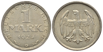 Германия 1 марка 1924 G KM 42, J. 311, Weege 14 серебро UNC 00-821-05