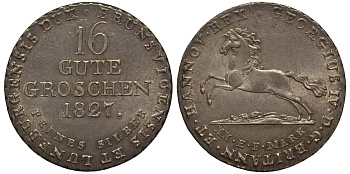 Брауншвейг-Каленберг-Ганновер 16 гутергрошенов 1827 король Георг IV (1820-1830) J 23 h, AKS 38 серебро  aUNC  11-119-22