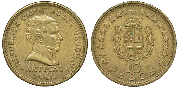 Уругвай 10 песо 1965 KM 48 алюминиевая бронза 4572-611