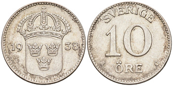 Швеция 10 эре 1938 Густав V (1907-1950) KM 780 серебро 4588-1112