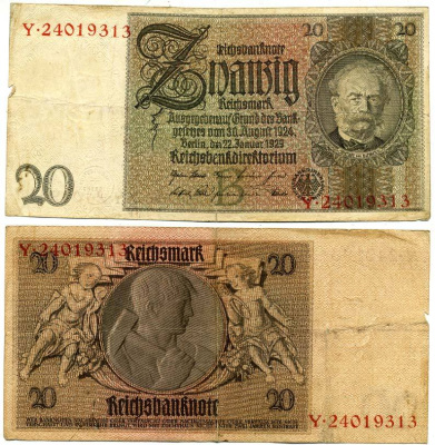 ГЕРМАНИЯ 20 РЕЙХСМАРОК 1929 Pick 181a бумага 3295-76-2