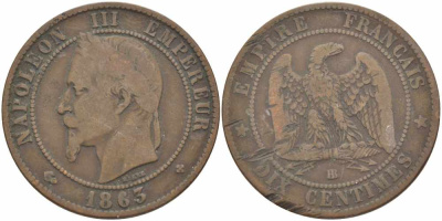 Франция 10 сантимов 1863 BB, Наполеон III (1852-1870) KM 798.2, Le Franc 134.9 бронза 4389-525