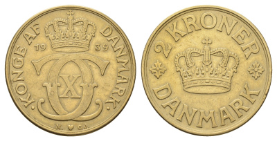 Дания 2 кроны 1939 N; GJ, Кристиан X (1912-1947) KM 825 алюминиевая бронза 84-134