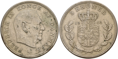 Дания 5 крон 1963 C; S, Фредерик IX (1947-1972) KM 853.1 медно-никель    4599-436
