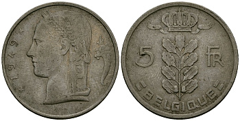 Бельгия 5 франков 1949 Леопольд III (1934-1950), Belgique KM 134.1 медно-никель 4172-544