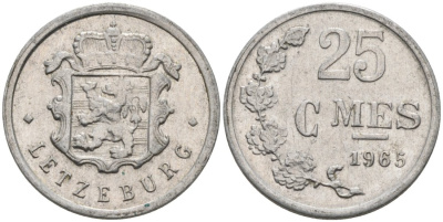 Люксембург 25 сантимов 1965 Герцог Жан (1964-1999) KM 45a алюминий 4564-913