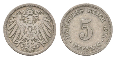 Германия 5 пфеннигов 1901 D, Вильгельм II (1888-1918) KM 11, J. 12 медно-никель 4632-1221
