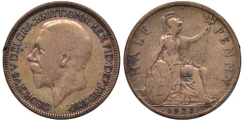 Великобритания 1/2 пенни 1927 Георг V (1910-1936), модификация KM 824, Spink 4057 бронза 4122-734