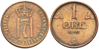 НОРВЕГИЯ 1 ЭРЕ 1947 ХОКОН VII (1905-1957) KM 367 бронза 116-1068