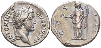 Римская Империя денарий 145 - 161 Антонин Пий, ANTONINVS AVG PIVS PP, бюст императора / COS IIII, Конкордия, персонификация Согласия, Рим, 3,44 гр RIC 129 серебро 1073-18-72