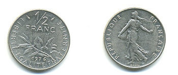 ФРАНЦИЯ 1/2 ФРАНКА 1976 СЕЯТЕЛЬ KM 931.1, LE FRANC 198.15 никель 25-944