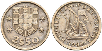 Португалия 2,5 эскудо 1980 парусник KM 590 медно-никель  UNC  4160-1225