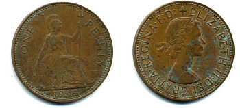 Великобритания 1 пенни 1963 Елизавета II (1952-2022) KM 897, Spink 4157 бронза 57-1036