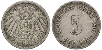 Германия 5 пфеннигов 1897 A, KM 11, J. 12 медно-никель 53-1046