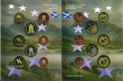 Великобритания набор из 8 европробников 2003 в оригинальном картонном буклете, тираж 24000 экземпляров, 400 лет союзу с Шотландией UNC 3-4-11-11