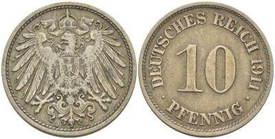 ГЕРМАНИЯ 10 ПФЕННИГОВ 1911 J KM 12, J. 13, Weege 8 медно-никель 212-135