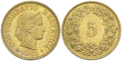 Швейцария 5 раппенов 1983 KM 26c алюминиевая бронза 105-851