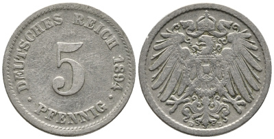 ГЕРМАНИЯ 5 ПФЕННИГОВ 1894 D KM 11, J. 12 медно-никель 39-658