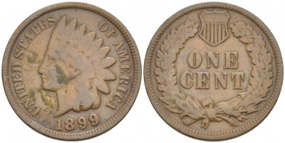 США 1 ЦЕНТ 1899 ИНДЕЕЦ KM 90а бронза 4547-264